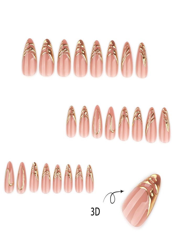 RikView Almond Press on Nails Short Fake Nails Golden & Pink Acrylic Nails with 3D Design Glossy Full Cover Nails for Women 24 PCs/Set - Image 4